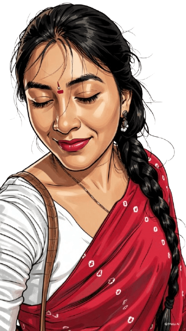 Illustrated portrait of Naina Bondada in a red saree